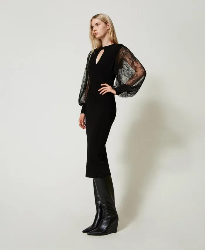Twinset Elegant Dresses Knit And Lace Midi Dress Black 8211 Clothing