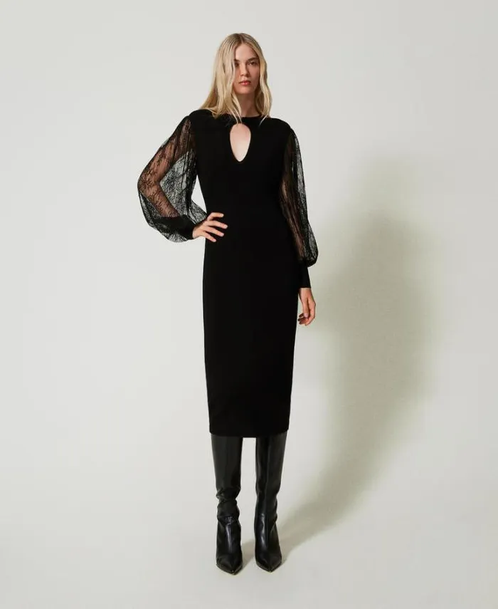 Twinset Elegant Dresses Knit And Lace Midi Dress Black 8211 Clothing