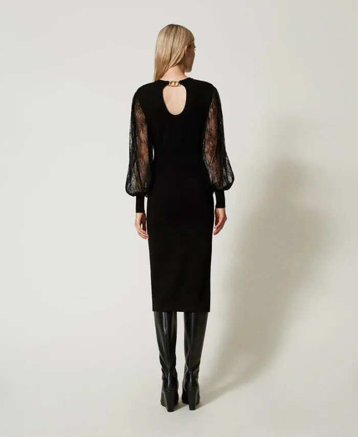 Twinset Elegant Dresses Knit And Lace Midi Dress Black 8211 Clothing