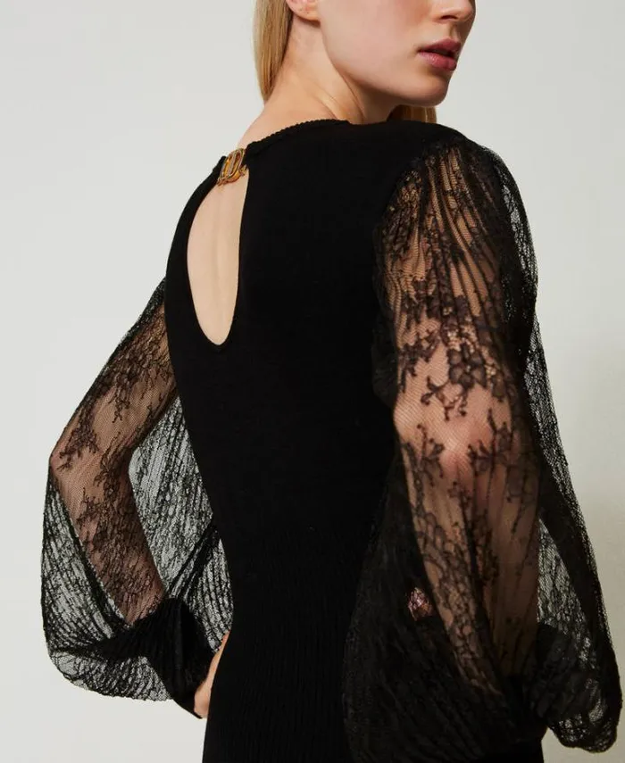 Twinset Elegant Dresses Knit And Lace Midi Dress Black 8211 Clothing
