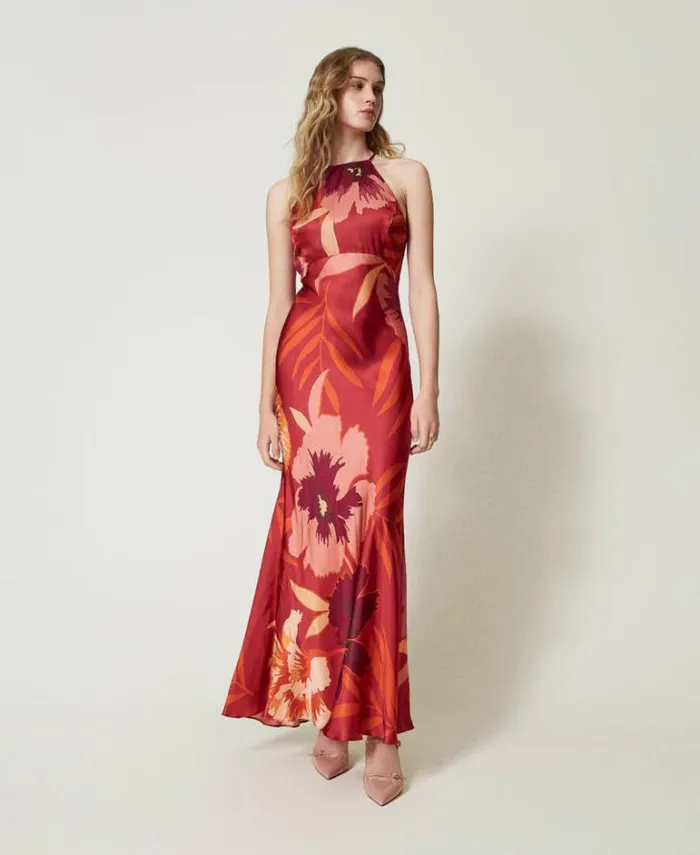 Twinset Elegant Dresses Long Floral Satin Dress With Halter Neck Red Red Plum Macro Flowers 8211 Clothing Twinset Elegant Dresses Long Floral Satin Dress With Halter Neck Red Red Plum Macro Flowers 8211 Clothing