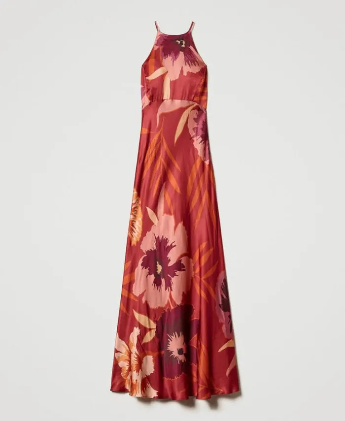 Twinset Elegant Dresses Long Floral Satin Dress With Halter Neck Red Red Plum Macro Flowers 8211 Clothing
