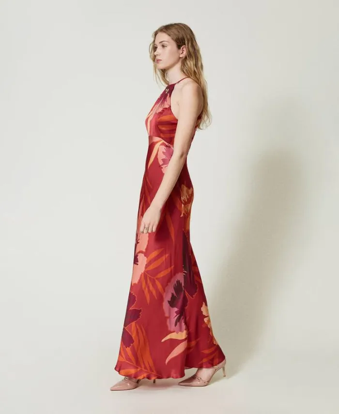 Twinset Elegant Dresses Long Floral Satin Dress With Halter Neck Red Red Plum Macro Flowers 8211 Clothing