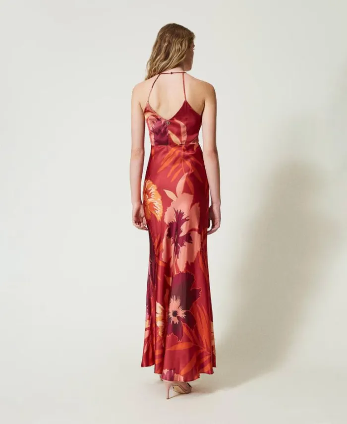 Twinset Elegant Dresses Long Floral Satin Dress With Halter Neck Red Red Plum Macro Flowers 8211 Clothing
