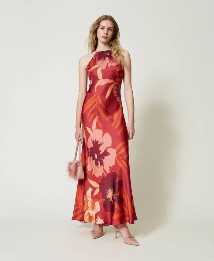 Twinset Elegant Dresses Long Floral Satin Dress With Halter Neck Red Red Plum Macro Flowers 8211 Clothing