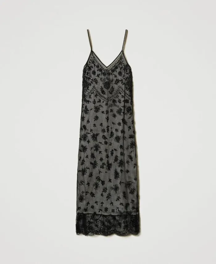 Twinset Elegant Dresses Midi Tulle Dress With Hand Embroidery Black 8211 Clothing