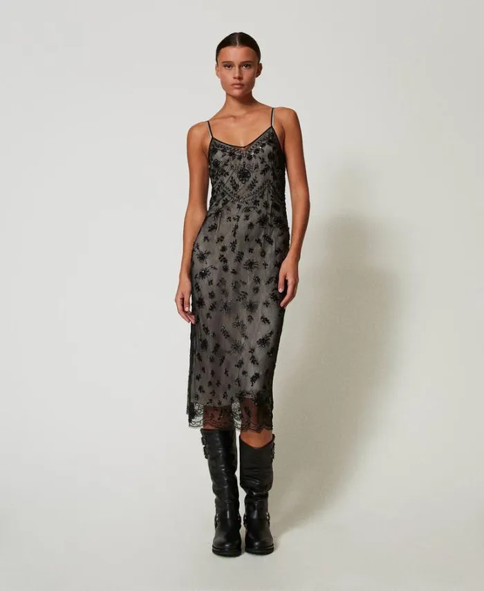 Twinset Elegant Dresses Midi Tulle Dress With Hand Embroidery Black 8211 Clothing
