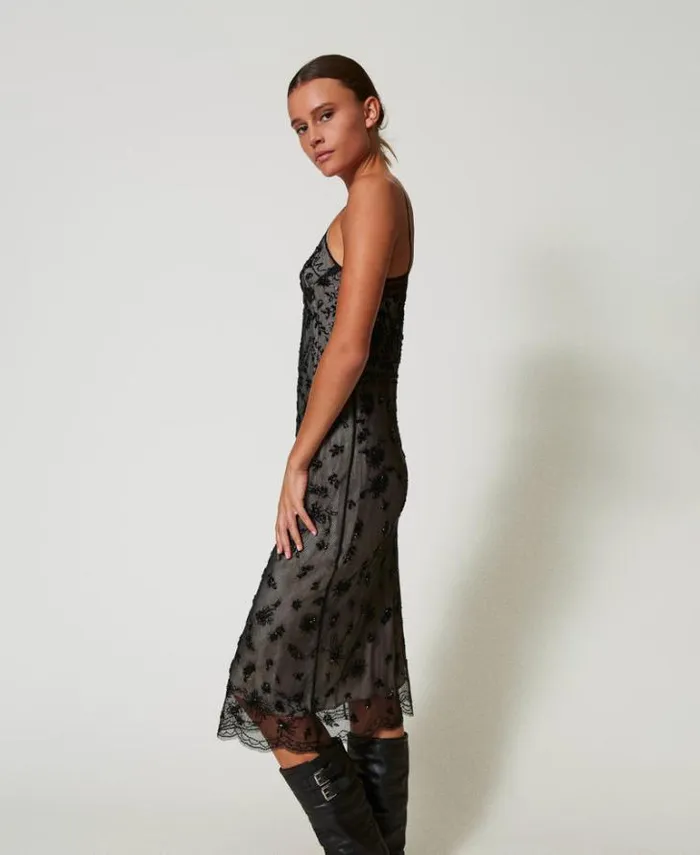 Twinset Elegant Dresses Midi Tulle Dress With Hand Embroidery Black 8211 Clothing