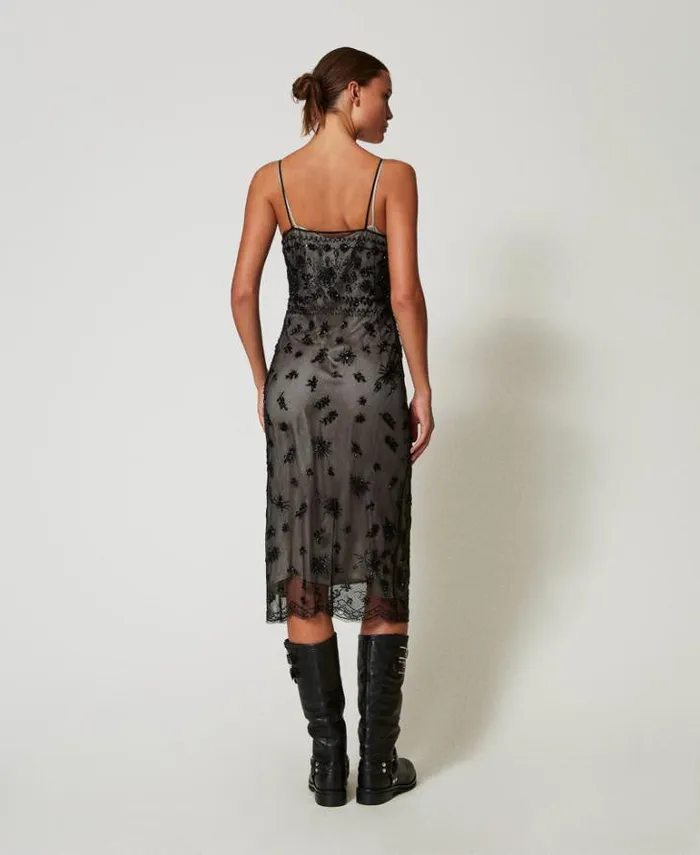 Twinset Elegant Dresses Midi Tulle Dress With Hand Embroidery Black 8211 Clothing