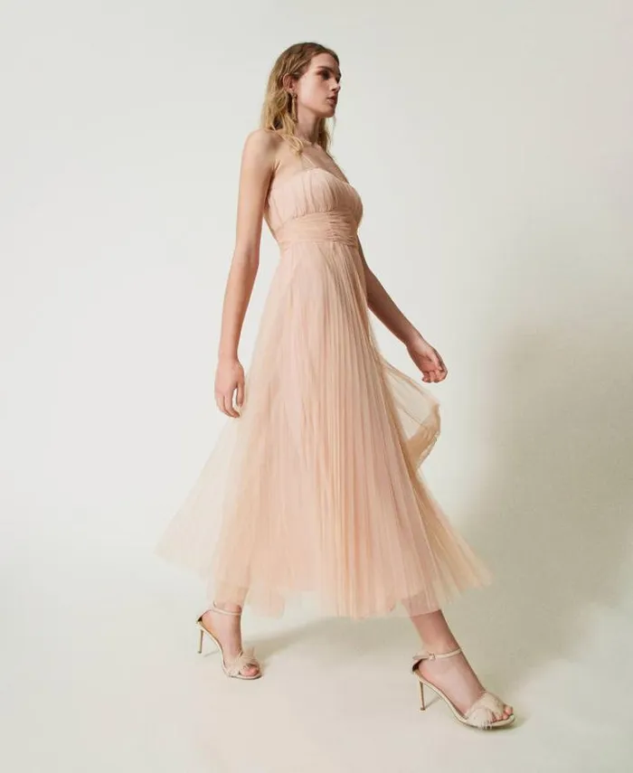 Twinset Elegant Dresses Pleated Tulle Midi Dress Light Nude 8211 Clothing
