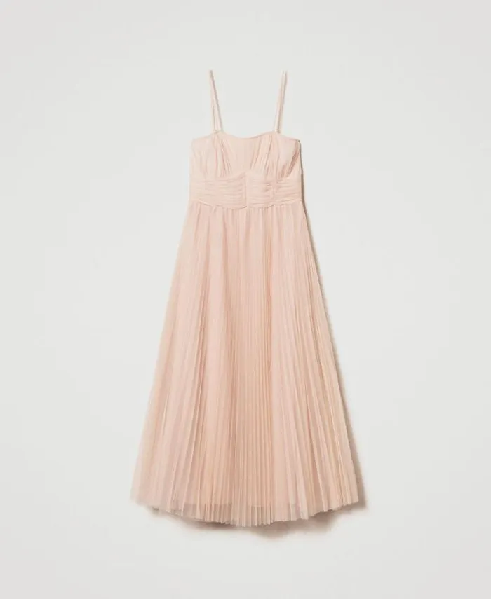 Twinset Elegant Dresses Pleated Tulle Midi Dress Light Nude 8211 Clothing