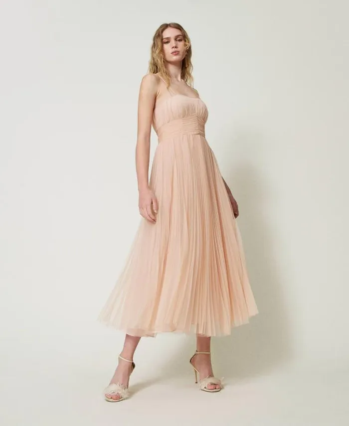 Twinset Elegant Dresses Pleated Tulle Midi Dress Light Nude 8211 Clothing