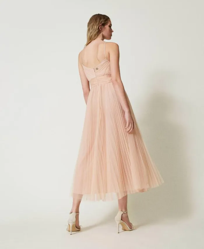 Twinset Elegant Dresses Pleated Tulle Midi Dress Light Nude 8211 Clothing