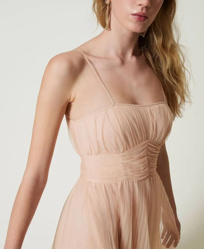 Twinset Elegant Dresses Pleated Tulle Midi Dress Light Nude 8211 Clothing