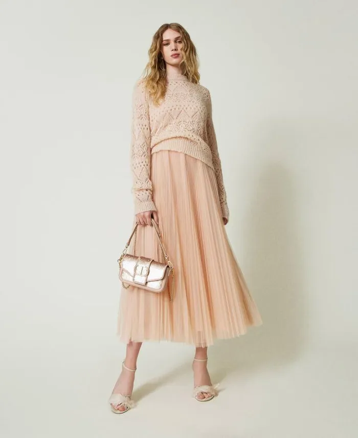 Twinset Elegant Dresses Pleated Tulle Midi Dress Light Nude 8211 Clothing