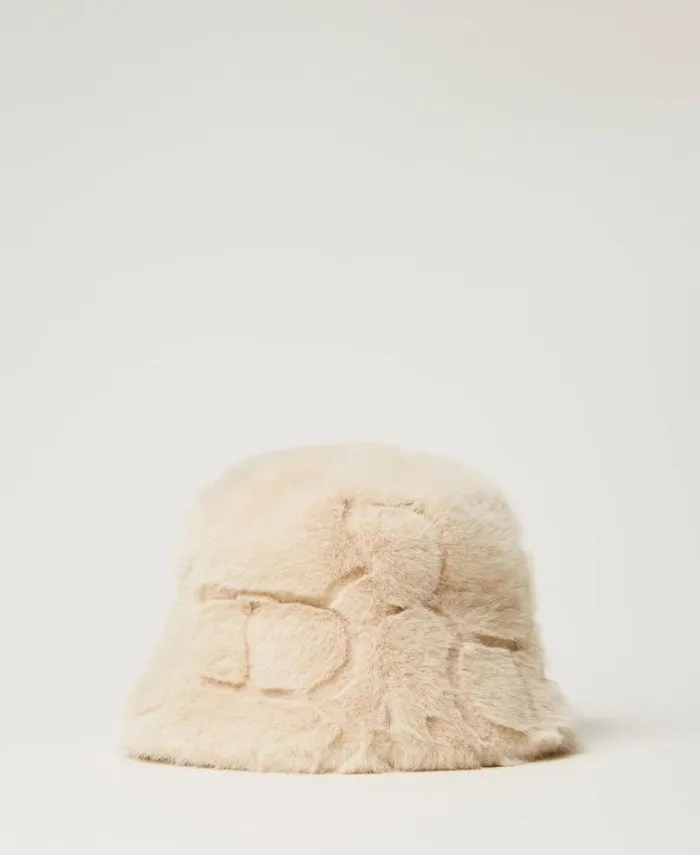 Twinset Hats Faux Fur Bucket Hat With Logo White Cream 8211 Accessories
