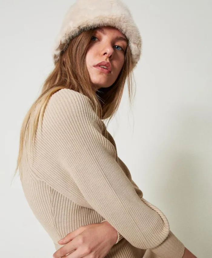 Twinset Hats Faux Fur Bucket Hat With Logo White Cream 8211 Accessories