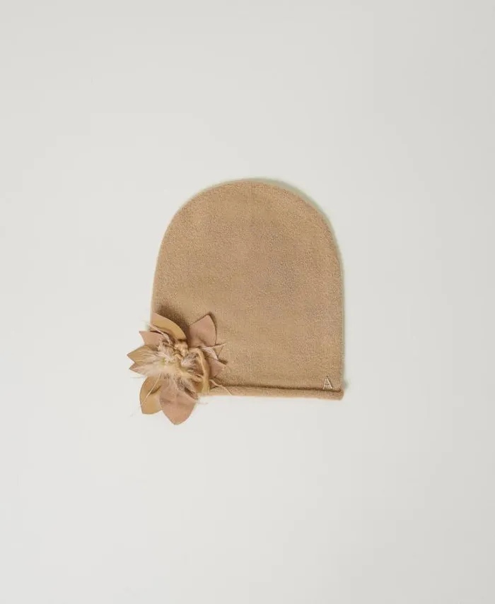 Twinset Hats Knit Beanie With Floral Brooch Sesame Beige 8211 Accessories