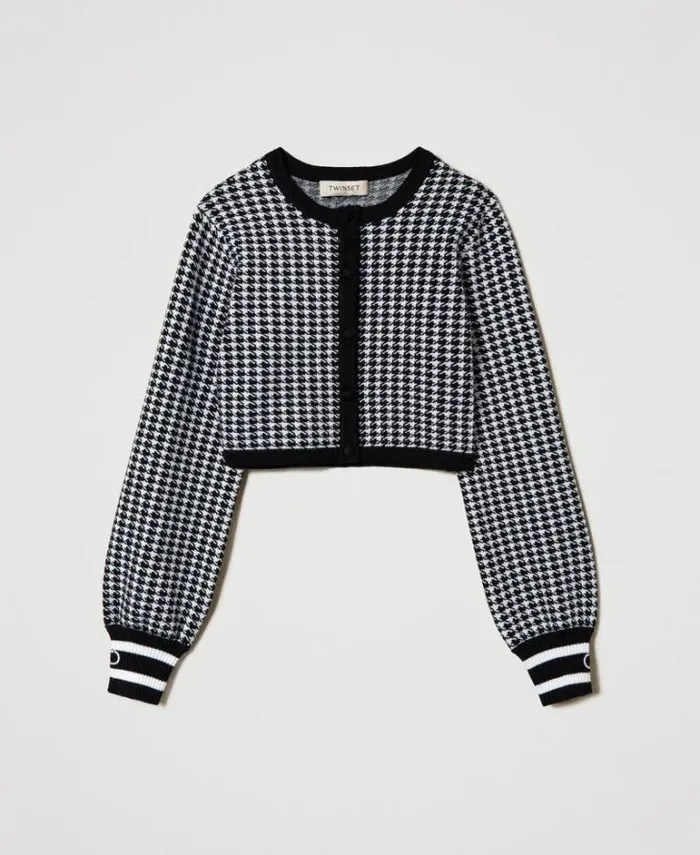 Twinset Jackets And Outerwear Jacquard Knit Jacket With Houndstooth Pattern Bicolour Off White Black 8211 Girl
