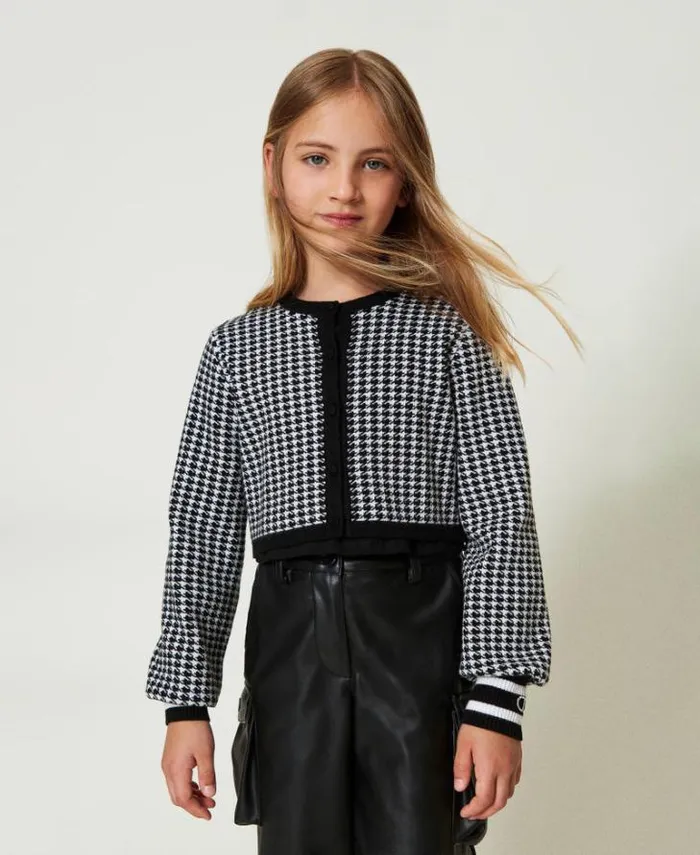 Twinset Jackets And Outerwear Jacquard Knit Jacket With Houndstooth Pattern Bicolour Off White Black 8211 Girl