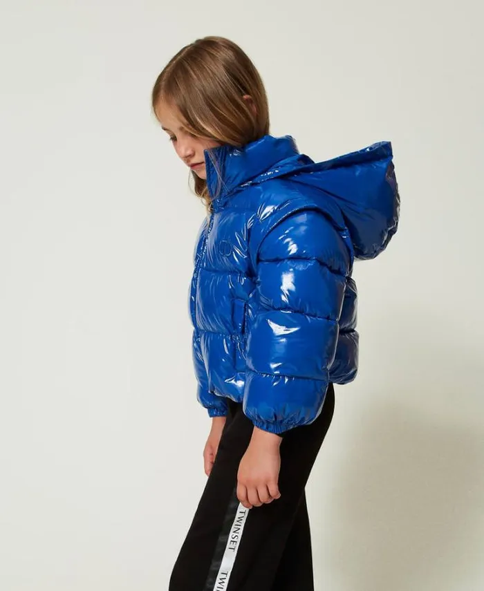 Twinset Jackets And Outerwear Shiny Puffer Jacket With Embroidered Logo 034surf034 Blue 8211 Girl