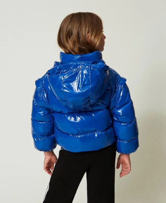 Twinset Jackets And Outerwear Shiny Puffer Jacket With Embroidered Logo 034surf034 Blue 8211 Girl
