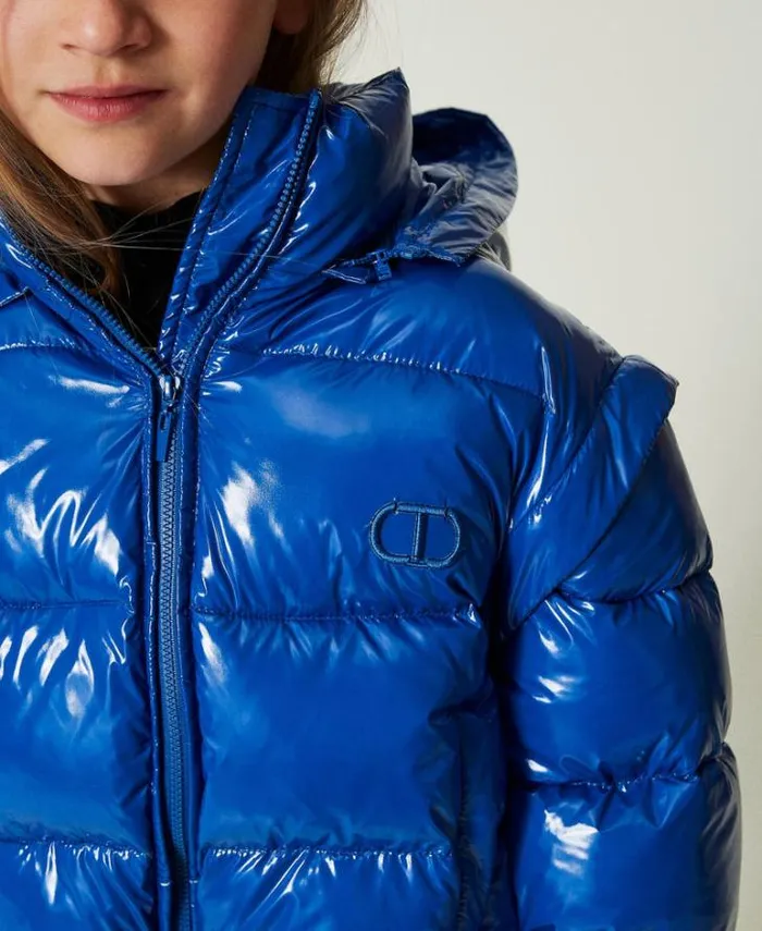 Twinset Jackets And Outerwear Shiny Puffer Jacket With Embroidered Logo 034surf034 Blue 8211 Girl