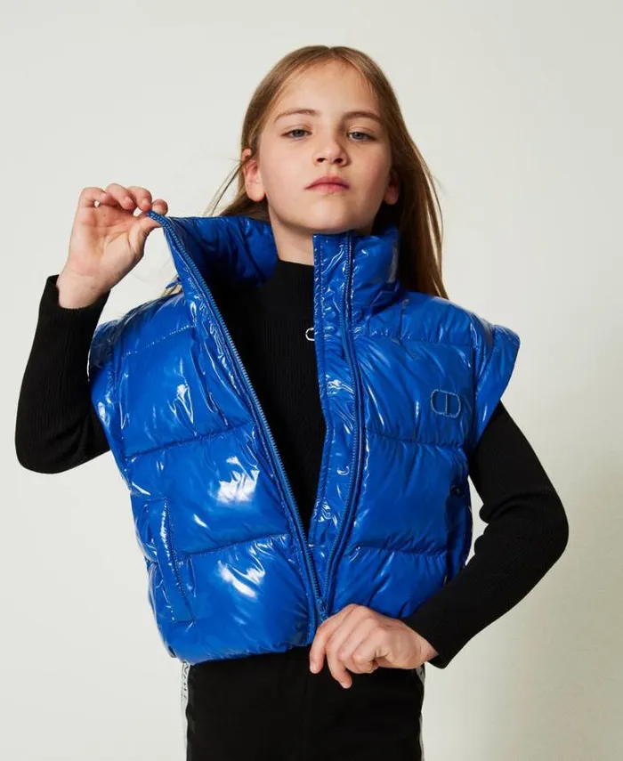 Twinset Jackets And Outerwear Shiny Puffer Jacket With Embroidered Logo 034surf034 Blue 8211 Girl