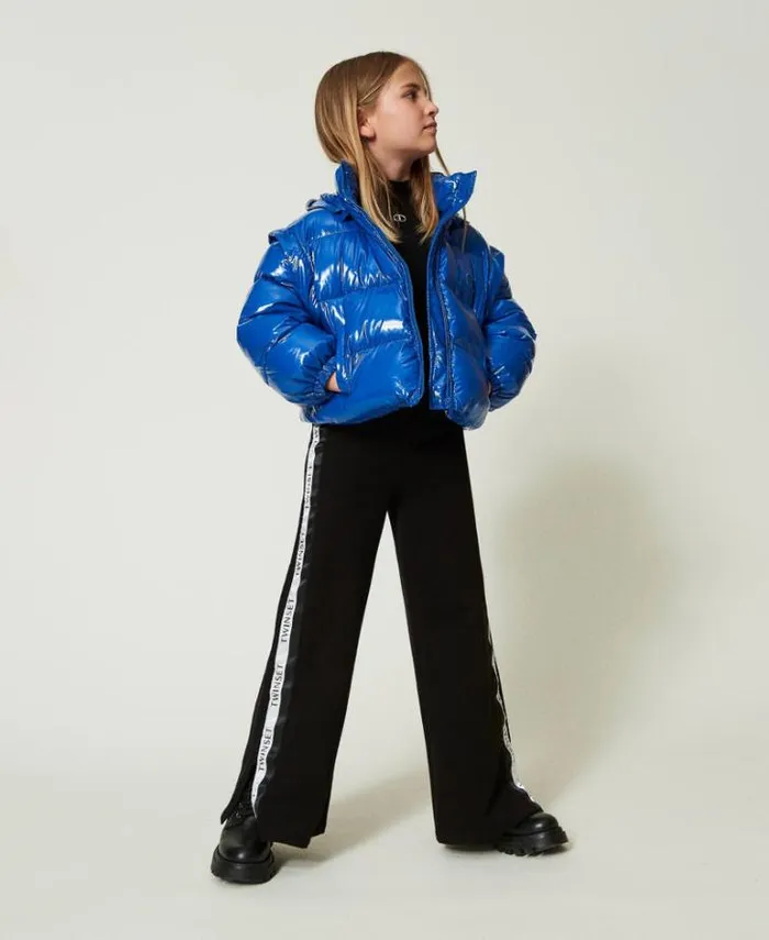 Twinset Jackets And Outerwear Shiny Puffer Jacket With Embroidered Logo 034surf034 Blue 8211 Girl