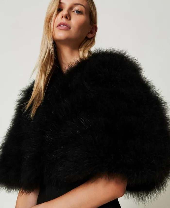 Twinset Jackets And Puffer Jackets Short Cape With Feathers Black 8211 Clothing