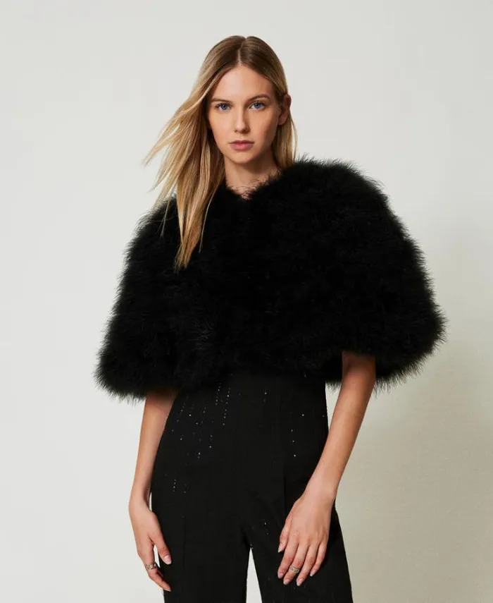 Twinset Jackets And Puffer Jackets Short Cape With Feathers Black 8211 Clothing