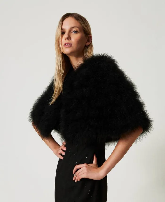 Twinset Jackets And Puffer Jackets Short Cape With Feathers Black 8211 Clothing