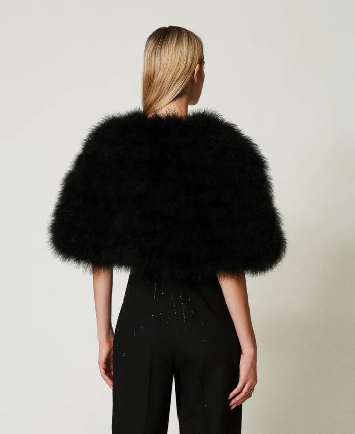 Twinset Jackets And Puffer Jackets Short Cape With Feathers Black 8211 Clothing