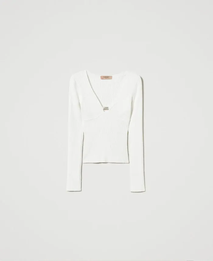 Twinset Jumpers And Cardigans Fitted Jumper With Oval T Logo White Snow 8211 Clothing