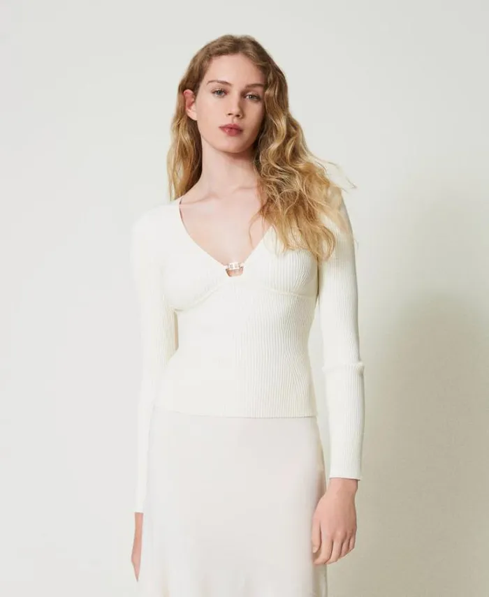 Twinset Jumpers And Cardigans Fitted Jumper With Oval T Logo White Snow 8211 Clothing