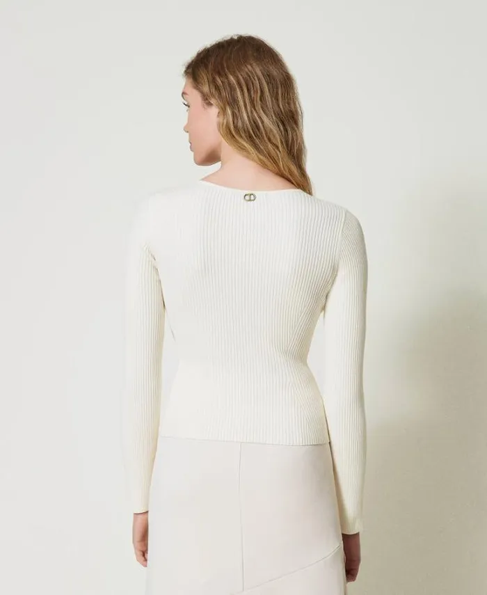 Twinset Jumpers And Cardigans Fitted Jumper With Oval T Logo White Snow 8211 Clothing