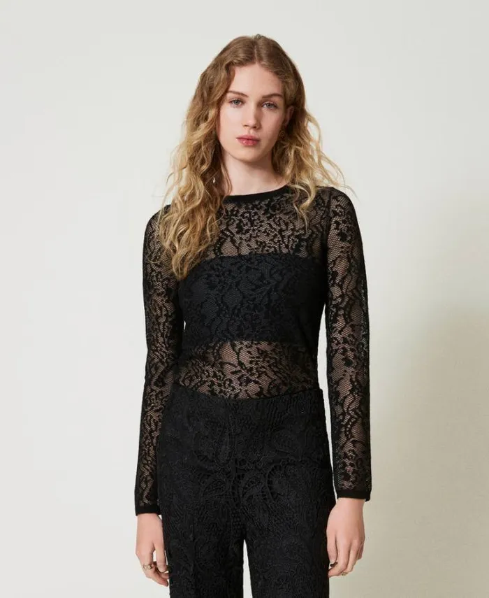 Twinset Jumpers And Cardigans Jacquard Jumper With Lace Effect Black 8211 Clothing