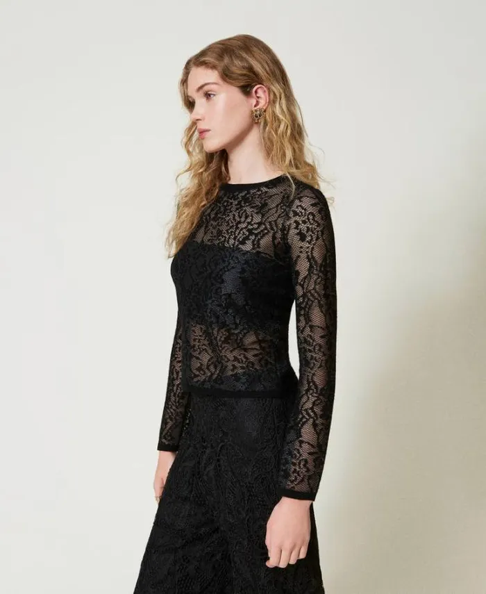 Twinset Jumpers And Cardigans Jacquard Jumper With Lace Effect Black 8211 Clothing