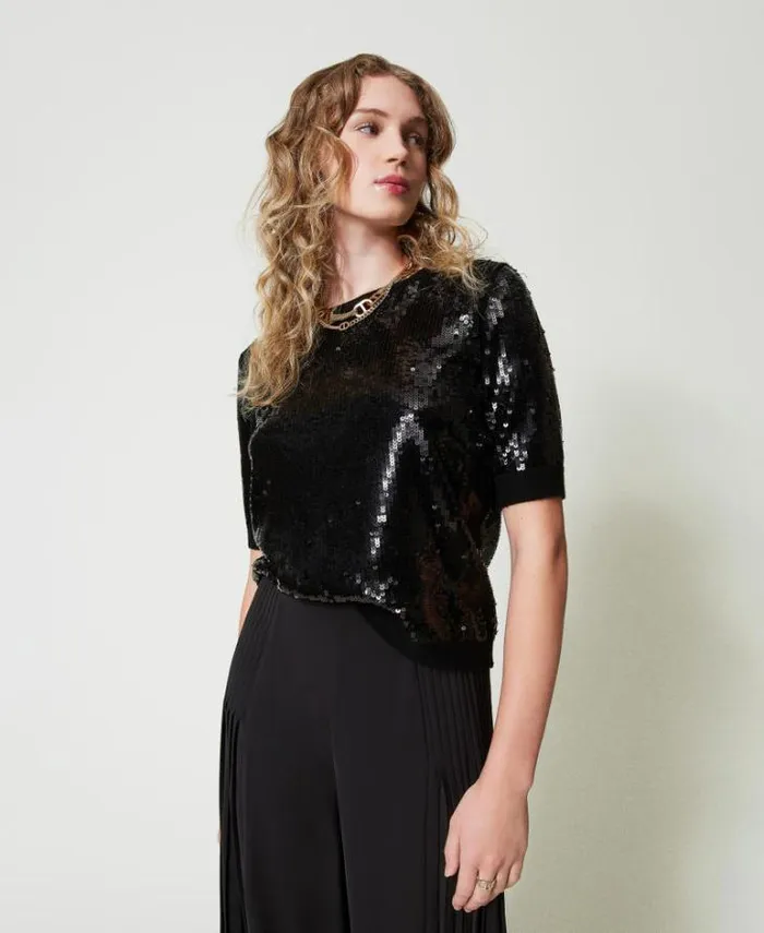 Twinset Jumpers And Cardigans Jumper With Full Sequin Embroidery Black 8211 Clothing