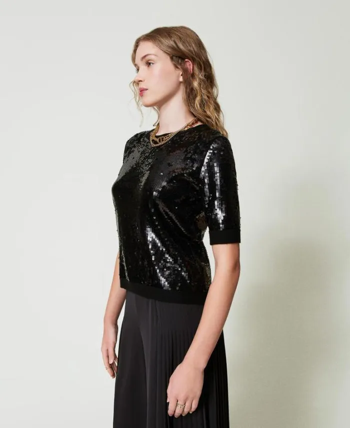 Twinset Jumpers And Cardigans Jumper With Full Sequin Embroidery Black 8211 Clothing