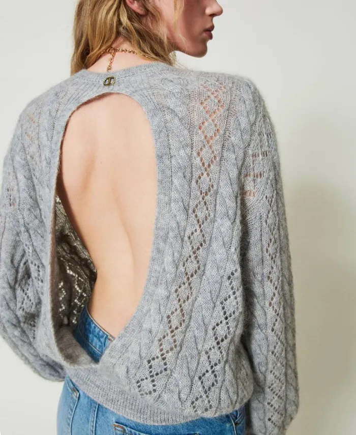 Twinset Jumpers And Cardigans Mohair Blend Jumper With Cable Knit And Opening Medium Gray Mlange 8211 Clothing Twinset Jumpers And Cardigans Mohair Blend Jumper With Cable Knit And Opening Medium Gray Mlange 8211 Clothing