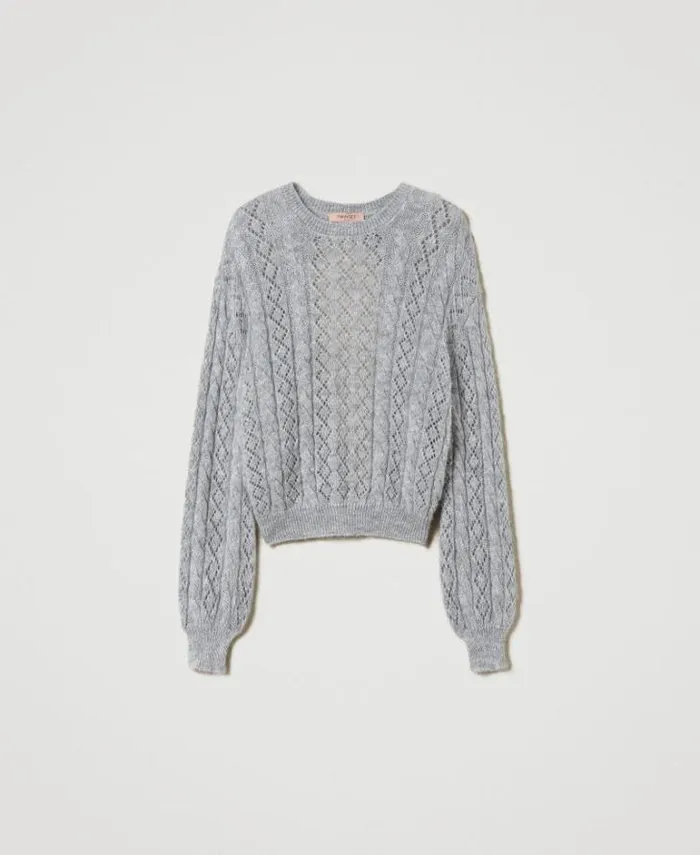 Twinset Jumpers And Cardigans Mohair Blend Jumper With Cable Knit And Opening Medium Gray Mlange 8211 Clothing