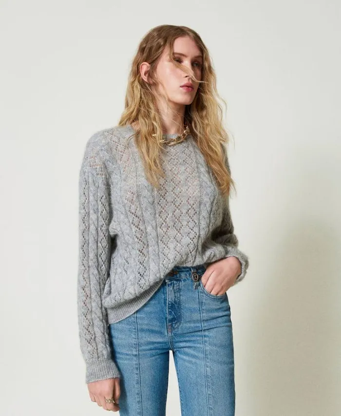 Twinset Jumpers And Cardigans Mohair Blend Jumper With Cable Knit And Opening Medium Gray Mlange 8211 Clothing