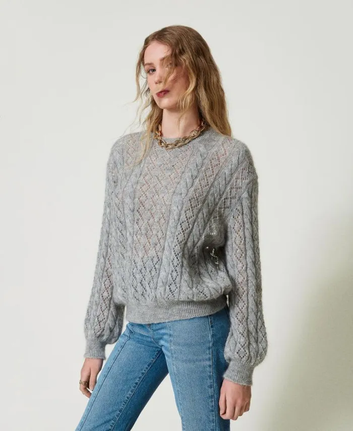 Twinset Jumpers And Cardigans Mohair Blend Jumper With Cable Knit And Opening Medium Gray Mlange 8211 Clothing