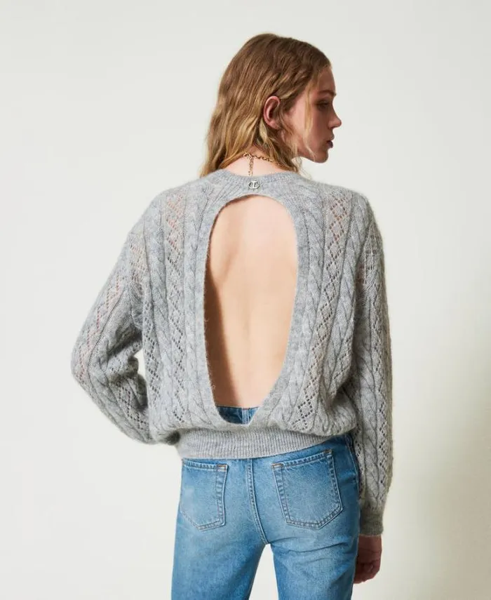 Twinset Jumpers And Cardigans Mohair Blend Jumper With Cable Knit And Opening Medium Gray Mlange 8211 Clothing