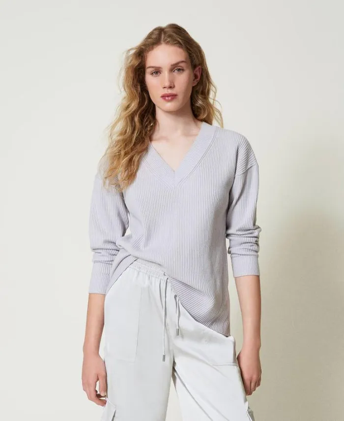 Twinset Jumpers And Cardigans Ribbed Jumper With Slit Silver 8211 Clothing
