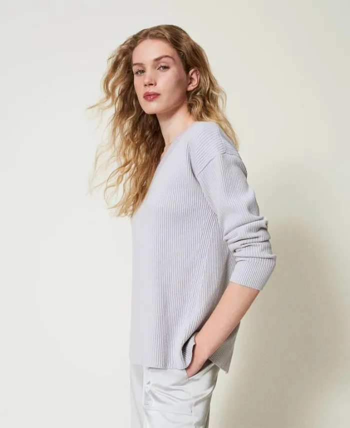 Twinset Jumpers And Cardigans Ribbed Jumper With Slit Silver 8211 Clothing