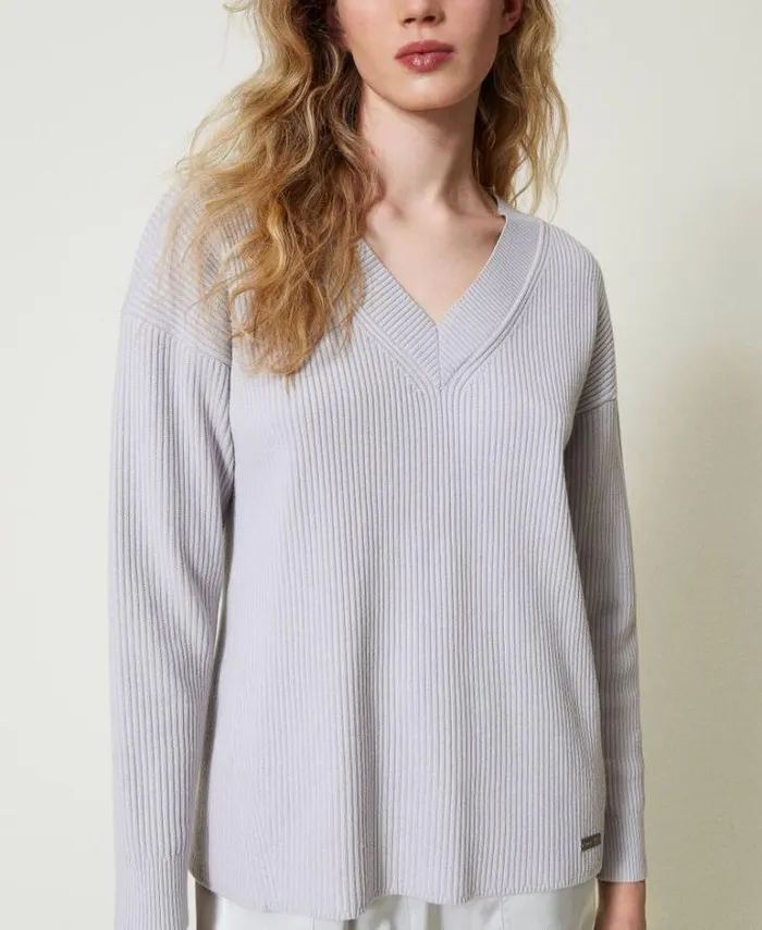 Twinset Jumpers And Cardigans Ribbed Jumper With Slit Silver 8211 Clothing