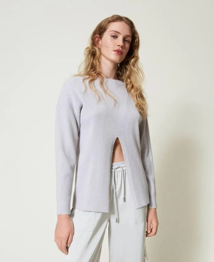 Twinset Jumpers And Cardigans Ribbed Jumper With Slit Silver 8211 Clothing