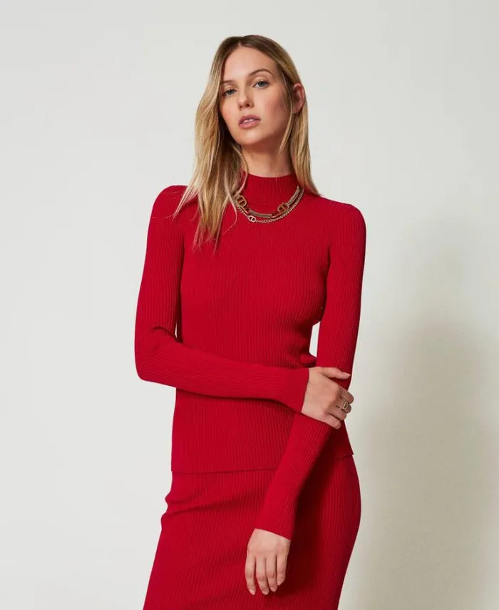 Twinset Jumpers And Cardigans Ribbed Knit Fitted Jumper With Opening Venetian Red 8211 Clothing